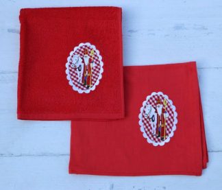 Keukenhanddoek en theedoek  rood met applicatie van Sint