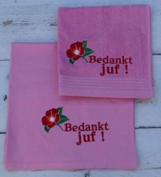 Roze keukenhanddoek en theedoek om aan de juf te geven, met Hibiscus en bedankt juf!