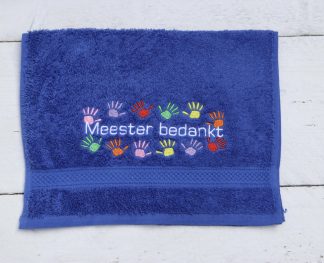 Gaatendoekje blauw met gekleurde handjes en tekst Meester bedankt