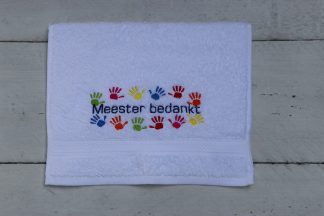 Gastendoekje wit met gekleurde handjes en tekst Meester bedankt