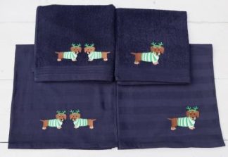 Keukenhanddoek en theedoek donkerblauw met een kerst-teckel met een groen witte trui en groen gewei