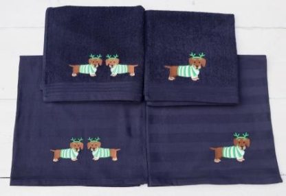 Keukenhanddoek en theedoek donkerblauw met een kerst-teckel met een groen witte trui en groen gewei
