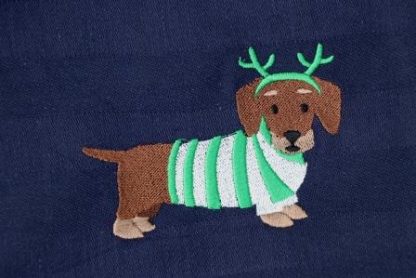 Keukenhanddoek en theedoek donkerblauw met een kerst-teckel met een groen witte trui en groen gewei - Afbeelding 3