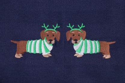 Keukenhanddoek en theedoek donkerblauw met een kerst-teckel met een groen witte trui en groen gewei - Afbeelding 2