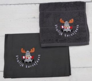 Keukenhanddoek en theedoek in donkergrijs met een vrolijk rendier met sjaal