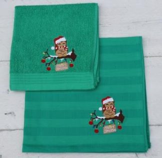 Keukenhanddoek en theedoek kerstgroen met uiltje op tak en Merry Christmas
