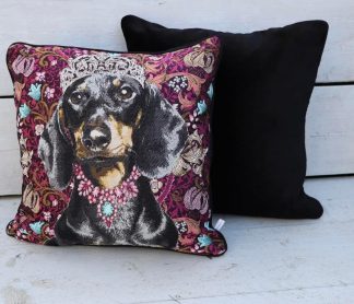 Jacquard teckel kussen roze met velvet achterkant in zwart-uitverkocht