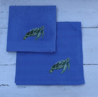 Keukenhanddoek en theedoek lichtblauw met een schildpad