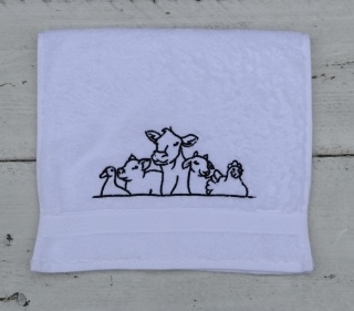 Gastendoekje wit met een tekening van boerderij dieren