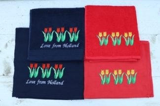 Keukenhandoek en theedoek in donkerblauw of rood met tulpen en Love from Holland