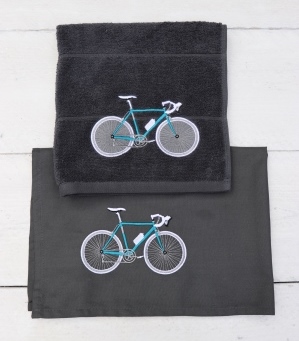 Keukenhandoek en theedoek donkergrijs met turquoise racefiets