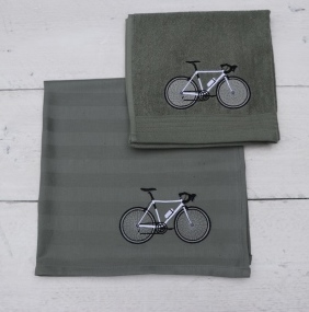 Keukenhanddoek en theedoek grijsgroen met een witte racefiets