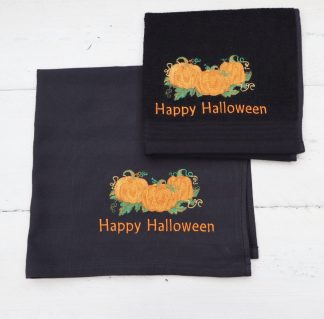 Keukenhanddoek en theedoek zwart met pompoenen en Happy Halloween