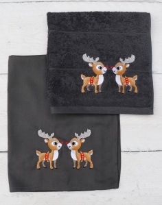 Keukenhanddoek en theedoek in donkergrijs  met twee hertjes tegenover elkaar