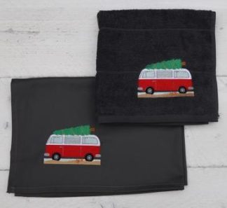 Keukenhanddoek en theedoek donkergrijs met VW-bus met kerstboom op het dak