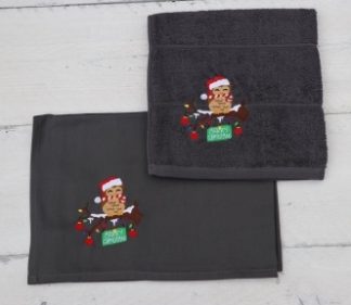 Keukenhanddoek en theedoek donkergrijs met uiltje op kerst-tak en Merry Christmas