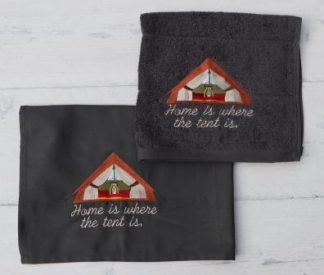 Keukenhanddoek en theedoek in donkergrijs met tent en Home is where the tent is
