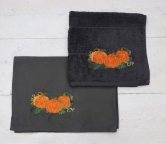 Donkergrijze keukenhanddoek en theedoek met pompoenen