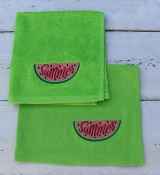 Keukenhanddoek en theedoek grasgroen met een "Summer" watermeloen