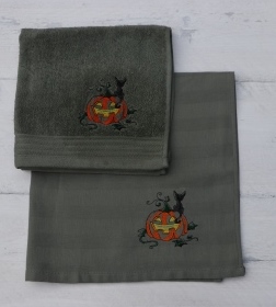 Keukenhanddoek en theedoek groengrijs met pompoen en zwarte kat