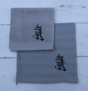 Keukenhanddoek en theedoek lichtgrijs met een zwarte kat