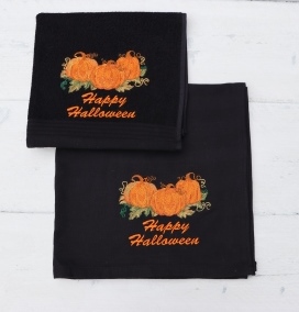 Keukenhanddoek en theedoek zwart met pompoenen en Happy Halloween