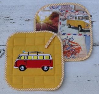 Gele pannenlappen met rood VW busje en foto print