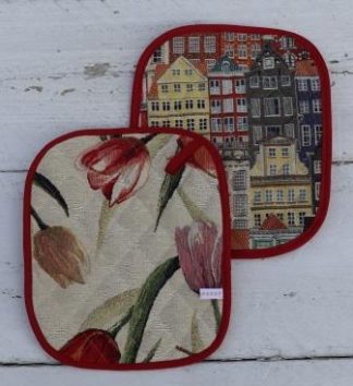 Pannenlappen van stevige Gobelin stof met Hollandse gevelhuisjes en tulpen