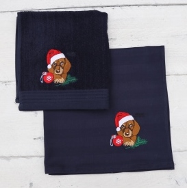 Keukenhanddoek en theedoek donkerblauw met bruine teckel met kerstmuts en kerstbal