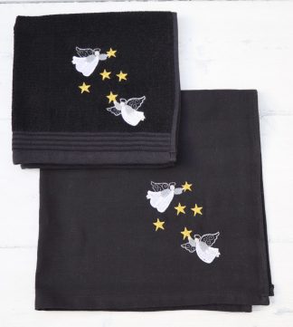 Keukenhanddoek en theedoek zwart met engelen en sterren