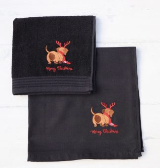 Keukenhanddoek en theedoek met een kerst teckel kontje