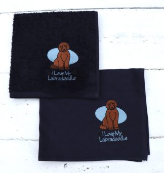Keukenhanddoek en theedoek donkerblauw met bruine labradoodle
