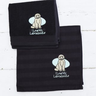 Keukenhanddoek en theedoek zwart met I love my Labradoodle