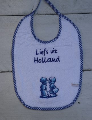 Slab wit met kussende Delfts blauwe poppetjes en tekst Liefs uit Holland