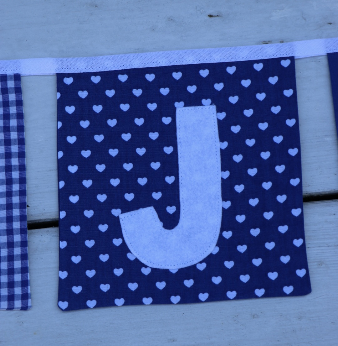 Vierkanten stoffen slinger in blauw met stippen/ruiten/sterren met de naam , verwisselbare leeftijd en jaar - Afbeelding 10