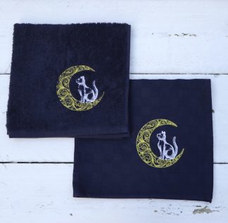 Keukenhanddoek en theedoek donkerblauw met poes en maan