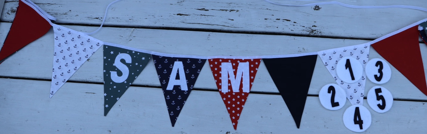 Stoffen slinger in rood, blauw en groen met naam-verwisselbaar cijfer 1-5 en jaar en extra vlaggen aan de zijkant - Afbeelding 6